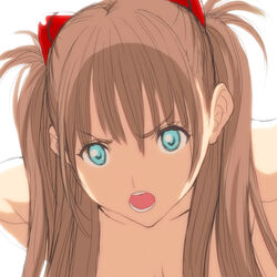  blue_eyes breasts brown_hair cleavage commentary_request female long_hair medium_breasts neon_genesis_evangelion open_mouth partial_commentary poin_(hidsuki) rebuild_of_evangelion solo souryuu_asuka_langley 