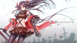  armor black_eyes black_hair cape horns long_hair navel pixiv_fantasia sword weapon zhouran 