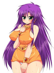  afuro bare_shoulders big_breasts blush breasts cosplay earrings erect_nipples faris_scherwiz female final_fantasy final_fantasy_5 green_eyes jewelry large_breasts lenna_charlotte_tycoon lenna_charlotte_tycoon_(cosplay) long_hair panties pantyshot purple_hair sideboob simple_background solo sweat underwear white_background white_panties wristband 