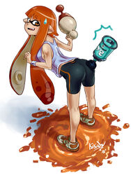  artist_name ass bent_over bike_shorts commentary_request dated embarrassed female from_behind full_body gun holding inkling inkling_girl inkling_player_character kikino long_hair looking_at_viewer looking_back luna_blaster_(splatoon) oerba_yun_fang orange_eyes orange_hair paint_splatter shoes signature single_vertical_stripe sneakers solo splatoon_(series) splatoon_1 standing suction_bomb_(splatoon) suction_cups sweatdrop tank_top tentacle_hair weapon white_background wristband 