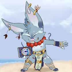  1:1 2016 3_toes 4_fingers absurd_res anthro beach big_head black_claws blue_body blue_fur book claws closed_eyes colored day detailed_background ear_piercing fan_character feet fingers full-length_portrait fur furfit grey_body grey_fur hi_res league_of_legends mammal mohawk nipples outside piercing pink_nipples pink_nose plantigrade portrait pose rin_(mightymightyena) riot_games sand sea seaside smile solo tencent toes tome water yordle 