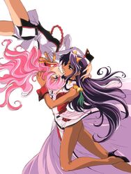  1990s_(style) 2girls aiguillette bike_shorts blue_eyes couple crown dark-skinned_female dark_skin earrings green_eyes hasegawa_shin&#039;ya high_heels highres himemiya_anthy jewelry legs long_hair multiple_girls official_art pink_hair purple_hair retro_artstyle ring rotational_symmetry scan shoes shoujo_kakumei_utena shoujo_kakumei_utena_adolescence_mokushiroku tenjou_utena very_long_hair wavy_hair wrist_cuffs yuri 