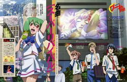  &gt;_&lt; 3girls 4boys absurdres ahoge blonde_hair blue_hair blush brown_hair closed_eyes glasses green_hair highres long_hair luca_angeloni macross macross_frontier magazine_scan microphone midriff_peek mihoshi_academy_school_uniform mikhail_buran multiple_boys multiple_girls music necktie newtype official_art oosanshouuo-san open_mouth ponytail ranka_lee red_eyes saint_mary&#039;s_academy_school_uniform saotome_alto scan school_uniform sheryl_nome shiny_skin short_hair singing sumimoto_etsuko sweatdrop 