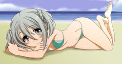  bad_id bad_pixiv_id barefoot beach bikini braid female grey_eyes lying oda_nobuna_no_yabou on_side photoshop_(medium) short_hair silver_hair swimsuit takenaka_hanbee_(oda_nobuna_no_yabou) twintails waochi. 