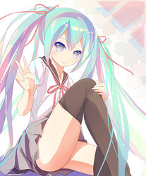  commentary_request female green_hair gumo hatsune_miku highres long_hair photoshop_(medium) school_uniform serafuku sitting skirt solo thighhighs twintails v very_long_hair vocaloid 