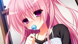  :o blush candy collarbone covered_mouth female food game_cg hair_between_eyes holding holding_food kanadome_miyako lollipop long_hair looking_at_viewer nanaka_mai nose_blush one_side_up parted_lips pink_eyes pink_hair portrait pure_girl purple_eyes saliva sliding_doors solo striped tareme 