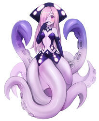  absurdres bad_link bare_shoulders black_gloves blush breasts commission dress elbow_gloves female finger_to_mouth full_body gloves grin hair_over_one_eye highres jewelry kraken_(monster_girl_encyclopedia) long_hair looking_at_viewer monster_girl monster_girl_encyclopedia navel necklace pink_hair purple_dress purple_eyes revealing_clothes scylla second-party_source simple_background small_breasts smile solo sookmo suction_cups tentacle white_background 