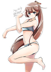  absurdres aqua_bikini barefoot bikini brown_hair clenched_hand commentary_request cross-body_stretch dated female from_side grey_eyes hair_ribbon highres kantai_collection kazagumo_(kancolle) kazagumo_(swimsuit_mode)_(kancolle) kazu_(really_in_hot_water_now) long_hair ponytail ribbon simple_background solo standing standing_on_one_leg stretching striped_bikini striped_clothes swimsuit tsurime twitter_username white_background 