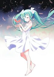  aged_down barefoot blue_hair closed_eyes collarbone commentary_request dress feathers female floating_hair full_body fuusen_neko hair_between_eyes hairband hatsune_miku long_hair photoshop_(medium) red_feathers sleeveless sleeveless_dress smile solo standing twintails very_long_hair vocaloid white_dress white_hairband 