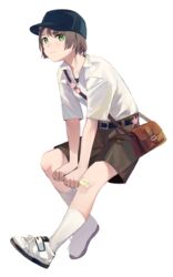  bad_id bad_pixiv_id badge bag bandaid bandaid_on_knee bandaid_on_leg baseball_cap belt belt_buckle brown_hair brown_shorts buckle cherim closed_mouth collarbone collared_shirt female full_body green_eyes hat highres invisible_chair kneehighs looking_at_viewer mole mole_under_eye original shirt shirt_tucked_in shoes short_hair short_sleeves shorts shoulder_bag simple_background sitting sneakers socks solo white_background white_footwear white_shirt white_socks 