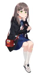  bad_id bad_pixiv_id bag bandaid bandaid_on_knee bandaid_on_leg black_coat blue_ribbon blue_skirt blush brown_hair cherim closed_mouth coat collared_shirt elmo female full_body green_eyes hand_on_own_cheek hand_on_own_face hand_up highres holding holding_pen invisible_chair kneehighs long_hair long_sleeves looking_at_viewer mole mole_under_eye neck_ribbon nike_(company) open_clothes open_coat original pen pleated_skirt ribbon sesame_street shirt shoes shoulder_bag sidelocks simple_background sitting skirt sneakers socks solo white_background white_footwear white_shirt white_socks 