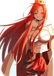  blush boudica_(fate) boudica_(third_ascension)_(fate) breasts cape cleavage cleavage_cutout closed_eyes clothing_cutout commentary_request corset crown earrings fate/grand_order fate_(series) female fur-trimmed_cape fur_trim grin highres huge_breasts jewelry long_hair red_hair shiime simple_background skirt smile solo thigh_strap very_long_hair white_background 