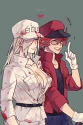  +++ 1boy aa-2153 bad_id bad_pixiv_id belt blood blood_on_clothes blue_eyes breasts cabbie_hat cako_(a_ben) chinese_commentary cleavage clothes_writing commentary_request female glasses gloves grey_background hair_over_one_eye hat hataraku_saibou hataraku_saibou_black heart highres jacket no_bra pale_skin pocket red_blood_cell_(hataraku_saibou) red_jacket simple_background smile twitter_username u-1196 white_blood_cell_(hataraku_saibou) white_gloves white_hair 