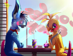  absurd_res animatronic anthro avian bib bird blue_hair blush bow_(feature) bow_tie breasts cake closed_eyes cupcake dessert duo eyeshadow female five_nights_at_freddy&#039;s five_nights_at_freddy&#039;s_2 flower food fur hair half-closed_eyes hi_res hiyoko lagomorph leporid machine makeup male mammal narrowed_eyes plant rabbit robot scottgames side_boob sitting smile toy_bonnie_(fnaf) toy_chica_(fnaf) window 