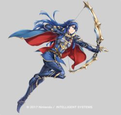  archery armor arrow_(projectile) blue_eyes blue_hair bow_(weapon) cape commentary_request female fire_emblem fire_emblem_awakening fire_emblem_heroes full_body holding holding_bow_(weapon) holding_weapon long_hair lucina_(fire_emblem) lucina_(glorious_archer)_(fire_emblem) official_art simple_background solo tiara weapon yamada_koutarou 