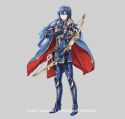  armor arrow_(projectile) blue_eyes blue_hair bow_(weapon) cape commentary_request female fire_emblem fire_emblem_awakening fire_emblem_heroes full_body holding holding_weapon long_hair lucina_(fire_emblem) lucina_(glorious_archer)_(fire_emblem) official_art simple_background solo tiara weapon yamada_koutarou 