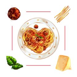  cheese commentary english_commentary food food_focus heart heart-shaped_food ichiknees leaf meatball no_humans noodles original pasta plate spaghetti spaghetti_and_meatballs still_life 