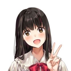  :d bad_id bad_pixiv_id black_hair blush bow bowtie brown_eyes cherim collared_shirt female frilled_shirt_collar frills grey_shirt hand_up head_tilt long_hair looking_at_viewer lowres mole mole_under_eye multicolored_hair open_mouth original portrait red_bow red_bowtie red_hair shirt simple_background smile solo streaked_hair v white_background 