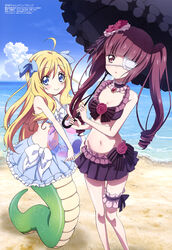  2girls absurdres ahoge ball bare_shoulders beach beachball bikini bikini_skirt bikini_top_only black_garter black_ribbon black_umbrella blonde_hair blue_bikini blue_eyes blue_ribbon blue_skirt blue_sky blunt_bangs blush body_blush bow bow_bikini breasts bridal_garter brooch chestnut_mouth choker cleavage cloud cloudy_sky collarbone day drill_hair eyepatch eyes_visible_through_hair fingernails flower flower_ornament frilled_bikini frilled_choker frilled_garter frilled_skirt frilled_umbrella frills groin hair_between_eyes hair_flower hair_ornament hair_ribbon hanazono_yurine highres holding holding_ball holding_beachball holding_umbrella horizon jashin-chan jashin-chan_dropkick jewelry lamia long_hair looking_at_viewer magazine_scan medical_eyepatch medium_breasts megami_magazine monster_girl multiple_girls navel official_art outdoors parasol pink_flower pinky_out purple_bikini purple_choker red_eyes red_hair ribbon sand satou_yoshihisa scan skirt sky smile striped_bikini striped_clothes swimsuit tongue twin_drills umbrella white_bow 