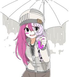  #compass asymmetrical_hair beanie brown_skirt commentary_request drill_hair female grey_background grey_eyes hat heart heart_necklace holding holding_umbrella jacket jewelry light_purple_hair limited_palette long_hair looking_at_viewer marking_on_cheek megumegu multicolored_hair necklace open_mouth oversized_zipper partially_unzipped pink_hair poaro single_drill skirt smile solo striped_clothes two-tone_hair umbrella white_umbrella zipper 