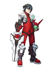  1boy black_hair blaster_master_zero blue_eyes boots carrying carrying_under_arm fingerless_gloves full_body gloves helmet jason_frudnick looking_at_viewer male_focus multicolored_hair natsume_yuji official_art photoshop_(medium) red_gloves simple_background smile solo streaked_hair turtleneck white_background 