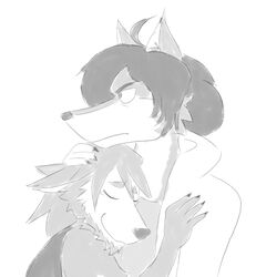  aged_up avoid_posting beard canid canine canis doopcity duo facial_hair greyscale kouya_(morenatsu) mammal monochrome morenatsu shun_(morenatsu) simple_background white_background wolf 