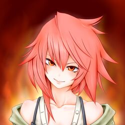  bare_shoulders commentary_request female hiita_(yu-gi-oh!) hiita_the_fire_charmer red_eyes red_hair short_hair smile solo usoutsuki yu-gi-oh! 