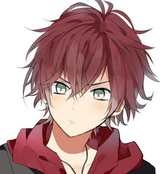  1boy asai_natsuoto blush closed_mouth collarbone diabolik_lovers green_eyes hoodie male_focus necklace red_hair sakamaki_ayato simple_background solo white_background 