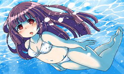  air_bubble barefoot bikini breath bubble chidori_(wakakusachidori) diving freediving holding_breath long_hair open_mouth original purple_hair solo swimming swimsuit underwater white_bikini 