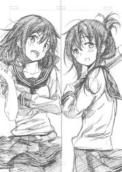  2girls absurdres anchor_symbol blush collarbone commentary_request cowboy_shot folded_ponytail greyscale hair_between_eyes hair_ornament hairclip hand_up head_tilt highres holding holding_torpedo ikazuchi_(kancolle) inazuma_(kancolle) kantai_collection kojima_takeshi long_hair long_sleeves monochrome multiple_girls neckerchief oerba_yun_fang open_mouth pleated_skirt rolling_sleeves_up sailor_collar school_uniform serafuku sidelocks skirt smile standing tareme torpedo wind wind_lift 