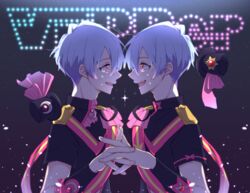  2boys bad_id bad_twitter_id beppu_akihiko beppu_haruhiko binan_koukou_chikyuu_bouei-bu_love! holding_hands idol interlocked_fingers magical_boy male_focus multiple_boys pink_eyes red_eyes saccuv smile tearing_up 