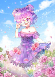  :d bare_shoulders black_ribbon blue_pantyhose blue_sky breasts cloud collarbone commentary_request day double_bun dress eyepatch female floral_print flower frilled_dress frills hair_bun hair_flower hair_ornament hair_over_one_eye hand_up horns medical_eyepatch oerba_yun_fang off-shoulder_dress off_shoulder open_mouth original outdoors pantyhose pink_flower pink_rose pleated_dress print_dress purple_dress purple_eyes purple_hair ribbon rose short_hair short_sleeves signature sky small_breasts smile solo striped_clothes striped_pantyhose tempy_(rinsia) vertical-striped_clothes vertical-striped_pantyhose 