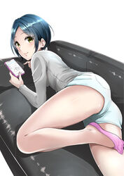  ass blue_hair blue_shorts breasts cellphone commentary_request couch female grey_shirt hayami_kanade highres holding holding_phone idolmaster idolmaster_cinderella_girls long_sleeves looking_at_viewer looking_back lying medium_breasts murabito_c no-show_socks parted_bangs phone pink_legwear shirt short_hair shorts smartphone smile solo yellow_eyes 