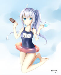  ahoge alternate_hairstyle blue_eyes breasts closed_mouth collarbone commentary_request covered_navel female food food_on_face full_body gradient_background grey_hair hair_between_eyes hibiki_(kancolle) highres ice_cream innertube kantai_collection long_hair looking_at_viewer name_tag omuretu_(butterroru) one-piece_swimsuit ponytail school_swimsuit small_breasts solo swim_ring swimsuit thighs 