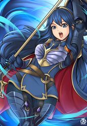  armor blue_hair cape commentary english_commentary female fire_emblem fire_emblem_awakening fire_emblem_heroes holding holding_weapon long_hair lucina_(brave_princess)_(fire_emblem) lucina_(fire_emblem) official_alternate_costume polearm revolverwing solo spear weapon 