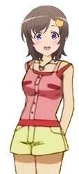  :d arms_behind_back blush brown_hair female female futsuu_no_joshikousei_ga_locodol_yattemita hair_ornament hairclip jewelry necklace open_mouth purple_eyes short_hair short_shorts shorts smile solo tank_top teeth upper_teeth usami_nanako white_background 