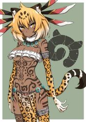  :/ alternate_costume alternate_skin_color animal_ears bad_id bad_twitter_id bare_shoulders blonde_hair breasts closed_mouth commentary cowboy_shot dark-skinned_female dark_skin elbow_gloves female full-body_tattoo gloves hirayama_(hirayamaniwa) jaguar_(kemono_friends) jaguar_ears jaguar_print jaguar_tail japari_symbol jewelry kemono_friends looking_at_viewer medium_breasts necklace o-ring o-ring_bottom pelvic_curtain print_gloves print_thighhighs short_hair simple_background single_thighhigh slit_pupils solo tail tattoo thighhighs tribal underboob v-shaped_eyebrows yellow_eyes 