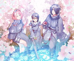  1boy 2girls alternate_costume black_eyes black_hair boruto:_naruto_next_generations can cherry_blossoms clothes_pin commentary_request cup detached_sleeves drink_can facial_mark family father_and_daughter forehead_mark forehead_protector from_above glasses green_eyes hair_over_one_eye high_collar husband_and_wife japanese_clothes looking_at_viewer mother_and_daughter multiple_girls naruto naruto_(series) one_eye_closed outdoors partially_submerged petals photoshop_(medium) pink_hair retpa sakazuki sakura_haruno shoes short_hair sitting smile soda_can thighhighs toeless_footwear uchiha_sarada uchiha_sasuke water 