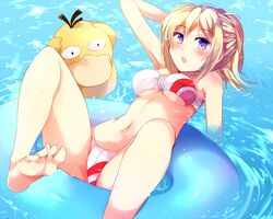  afloat arm_behind_head bad_id bad_pixiv_id barefoot bikini blonde_hair blue_eyes blush breasts feet female female_protagonist_(pokemon_go) highres innertube legs long_hair looking_at_viewer medium_breasts multicolored_bikini multicolored_clothes navel open_mouth partially_submerged pokemon pokemon_(creature) pokemon_go ponytail psyduck sidelocks soaking_hands swim_ring swimsuit underboob water z.nov 