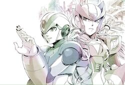  2boys android armor bug butterfly commentary english_commentary fujino_yuuki gloves helmet light_smile long_hair looking_to_the_side male_focus mega_man_(series) mega_man_x_(series) multiple_boys pale_color parted_lips power_armor upper_body white_gloves x_(mega_man) zero_(mega_man) 