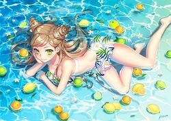  arm_support artist_name bad_id bad_pixiv_id bare_legs barefoot bikini bikini_skirt blush briska brown_hair closed_mouth collarbone commentary_request female food fruit green_eyes hand_on_own_cheek hand_on_own_face legs lemon lime_(fruit) long_hair looking_at_viewer lying navel ocean on_side orange_(fruit) original partially_submerged ringlets shiny_skin sidelocks signature smile solo swept_bangs swimsuit thighs water white_bikini 