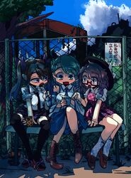  3girls ahoge argyle_clothes argyle_legwear awa_(bihidasu) bare_shoulders bench black_socks black_thighhighs blue_eyes blue_sky boots bottle brown_footwear brown_hair can cellphone chain-link_fence cloud commentary day detached_sleeves fence flip_phone frog_hair_ornament geta glasses green_eyes green_hair hair_between_eyes hair_ornament hair_ribbon hat hat_ribbon highres himekaidou_hatate kneehighs kochiya_sanae loafers looking_down low_twintails multiple_girls no_nose open_mouth outdoors over-kneehighs phone plaid plaid_skirt plaid_vest pointing pointy_ears puffy_short_sleeves puffy_sleeves ramune ribbon school_uniform semi-rimless_eyewear shadow shirt shoes short_sleeves sign sitting skirt sky sleeves_rolled_up smartphone socks tengu-geta thighhighs touhou translation_request tree twintails under-rim_eyewear usami_sumireko vest white_shirt 