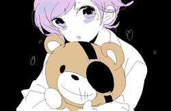  1boy bags_under_eyes black_background carrying crying diabolik_lovers flat_color kiri_(qoo) lolicon looking_at_viewer male_focus oerba_yun_fang open_mouth partially_colored purple_eyes purple_hair sakamaki_kanato simple_background solo stuffed_animal teddy_(diabolik_lovers) teddy_bear upper_body vampire younger 