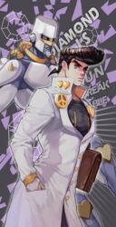  1boy bag black_hair bookbag brooch commentary_request crazy_diamond diamond_wa_kudakenai earrings gakuran hand_in_pocket heart higashikata_josuke highres jewelry jojo_no_kimyou_na_bouken male_focus peace_symbol pompadour purple_eyes sb_(hiratsei) school_uniform stand_(jojo) stud_earrings wrist_cuffs zipper 