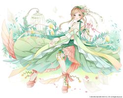  2016 bati15 blush bow brown_hair cage commentary_request dress elbow_gloves female flower food frilled_thighhighs frills fruit full_body gloves green_bow green_dress green_eyes green_ribbons hair_flower hair_ornament hair_ribbon kai-ri-sei_million_arthur letter love_letter million_arthur_(series) official_art paper petals petticoat pink_bow pink_footwear ribbon shoes smile solo string string_of_fate thighhighs watermark white_background white_gloves white_thighhighs 