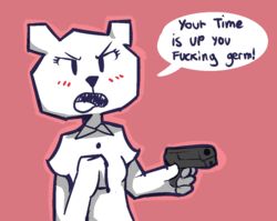  2019 angry anthro bear blush bzeh cartoon_network clothed clothing delet_this dialogue english_text female gun handgun holding_gun holding_object holding_ranged_weapon holding_weapon mammal meme open_mouth paper paper_creature pistol profanity ranged_weapon reaction_image simple_background solo speech_bubble standing teri_(tawog) text the_amazing_world_of_gumball threatening weapon 