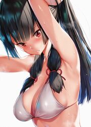  alternate_hairstyle armpits bikini black_hair blush breasts commentary_request female hair_ribbon hand_in_own_hair highres isokaze_(kancolle) kantai_collection long_hair looking_at_viewer medium_breasts orihi_chihiro red_eyes red_ribbon ribbon sidelocks simple_background smell solo steaming_body strap_gap sweat swimsuit tress_ribbon tying_hair upper_body white_background white_bikini 