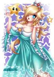  bare_shoulders blonde_hair blue_eyes breasts bursting_breasts cleavage collarbone crown dress female hair_over_one_eye large_breasts long_hair luma mario_(series) nintendo parted_lips rosetta_(mario) sevie strapless super_mario_galaxy wand 