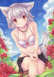  alternate_costume animal_ears bench bikini cloud cloudy_sky commentary_request day dutch_angle eyebrows female graphite_(medium) highres inubashiri_momiji jewelry kittona looking_at_viewer millipen_(medium) navel necklace outdoors photoshop_(medium) red_eyes sarong short_hair sitting sky solo stomach sweat swimsuit tail thighs touhou traditional_media watercolor_pencil_(medium) white_bikini white_hair wolf_ears wolf_tail 