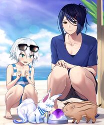  :d animal arms_up bad_id bad_twitter_id beach black_hair blue_shirt blush boar chaldea_lifesavers fate/apocrypha fate/grand_order fate/prototype fate/prototype:_fragments_of_blue_and_silver fate_(series) female fou_(fate/grand_order) green_eyes jack_the_ripper_(fate/apocrypha) one-piece_swimsuit open_mouth paracelsus_(fate) shaved_ice shijiu_(adamhutt) shirt short_hair short_sleeves shorts smile squatting striped striped_swimsuit sunglasses swimsuit t-shirt tied_hair white_hair yellow_eyes 